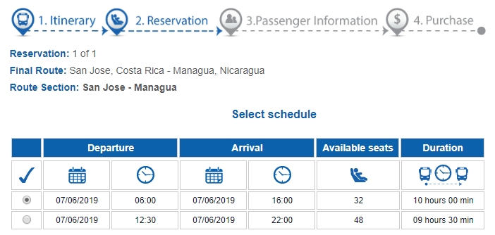 Screentshot of Tica bus booking options